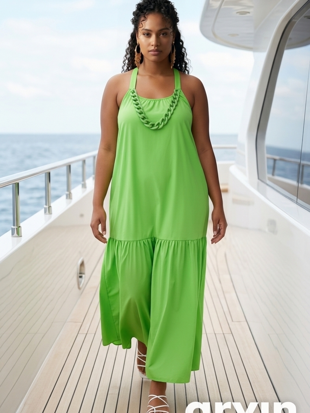 Lime Green Chain-Detail Maxi Dress